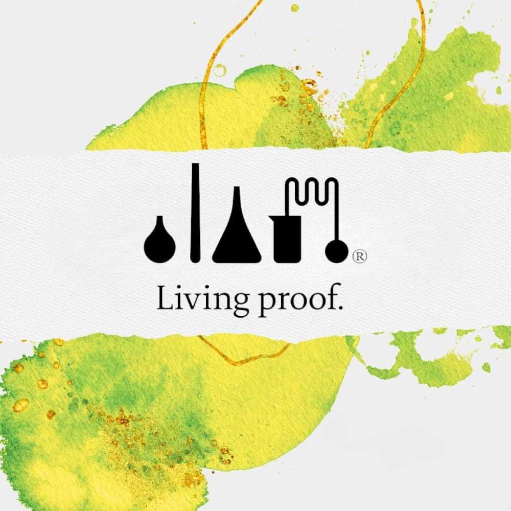 Science-themed logo with abstract lab equipment icons on a green and yellow watercolor background.