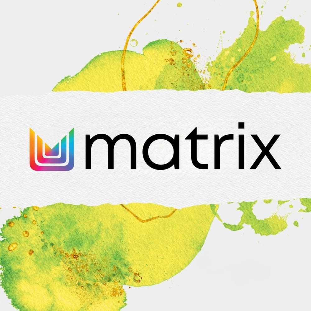 Matrix logo with colorful gradient "U" on a yellow-green watercolor background.
