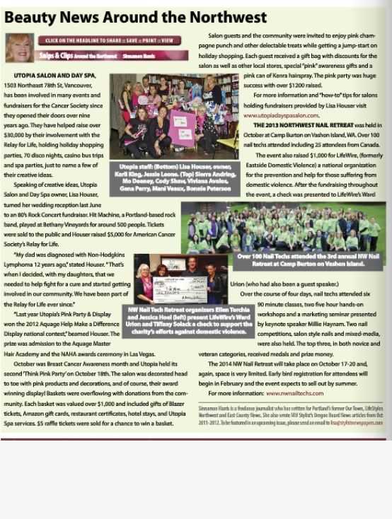 Clipping of a newspaper featuring articles about a beauty salon, cancer awareness event, and more news.