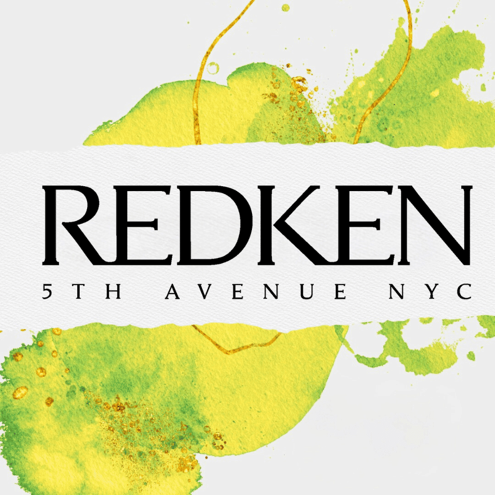 Redken 5th Avenue NYC logo with vibrant yellow and green watercolor background.
