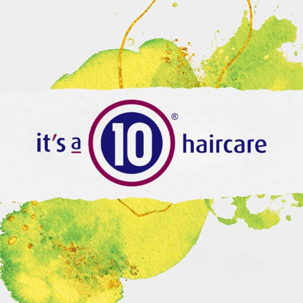 Logo for It's a 10 Haircare on a colorful, abstract background.