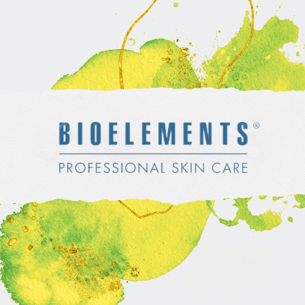 Bioelements Professional Skin Care logo with green and yellow watercolor background.