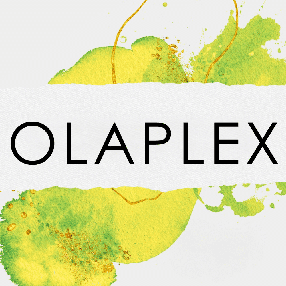 Olaplex logo with green and yellow paint splashes in the background.