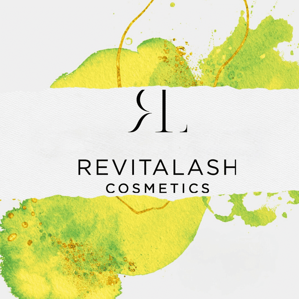 RevitaLash Cosmetics logo on a green and yellow watercolor background.